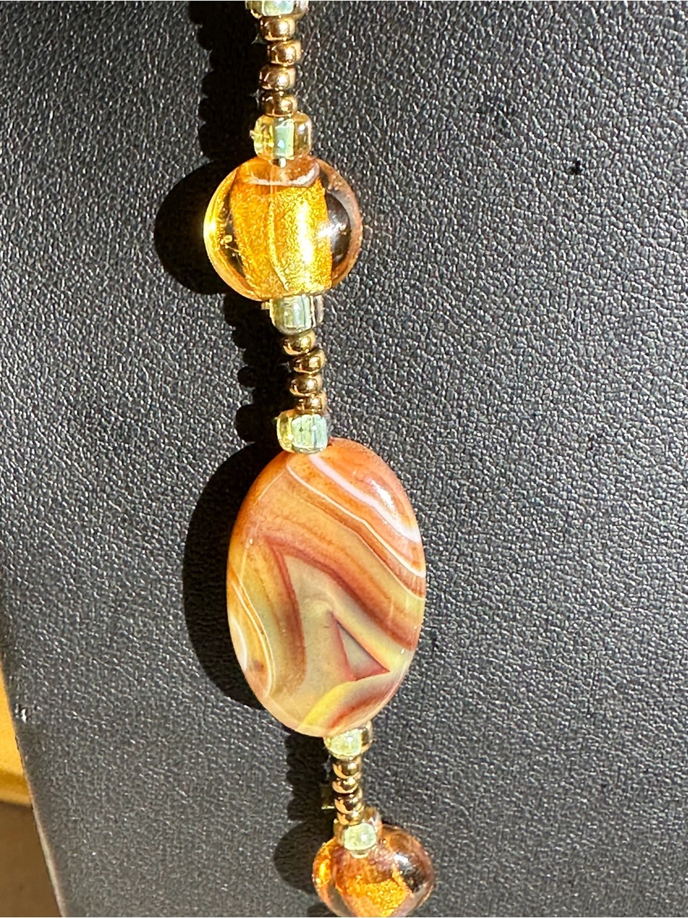 Murano Gold Foil Glass Beads with Agates Necklace 24" - Picture 4 of 8